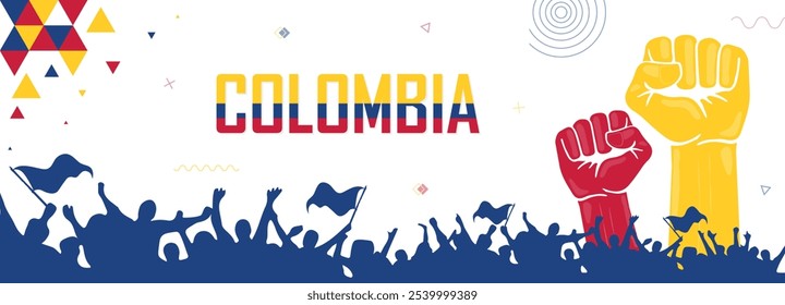 Colombia patriot banner, raised fist, human hands, crowd of people cheering, victory celebration, flag color combination, geometric abstract background design, strike, parade, riot, protest or rally