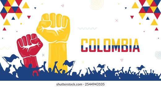 Banner patriota da Colômbia, punho levantado, mãos humanas, multidão de pessoas torcendo, celebração da vitória, combinação de cores da bandeira, projeto de fundo abstrato geométrico, greve, desfile, motim, protesto ou comício