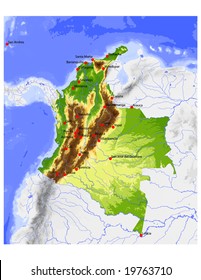 Colombia. Physical vector map, colored according to elevation, with rivers, ocean depths and selected cities. Surrounding territory greyed out. 56 layers, fully editable. Data source: NASA