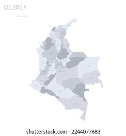Colombia political map of administrative divisions - departments and capital district. Grey vector map with labels.