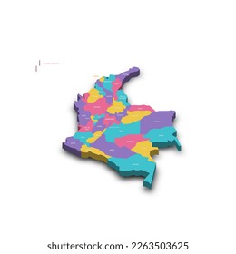 Colombia political map of administrative divisions - departments and capital district. Colorful 3D vector map with dropped shadow and country name labels.