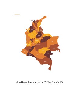Colombia political map of administrative divisions - departments and capital district. Flat vector map with name labels. Brown - orange color scheme.