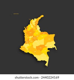 Colombia political map of administrative divisions - departments and capital district. Yellow shade flat vector map with name labels and dropped shadow isolated on dark grey background.