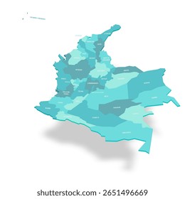 Colômbia mapa político de divisões administrativas - departamentos e distrito capital. Mapa de vetor turquesa 3D com rótulos de nome.