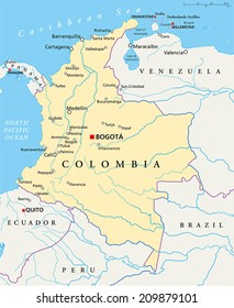 Colombia Political Map with capital Bogota, national borders, most important cities, rivers and lakes. Illustration with English labeling and scaling.