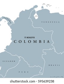 Colombia political map with capital Bogota, national borders and neighbors. Republic and transcontinental country in Central and South America. Gray illustration over white. English labeling. Vector.