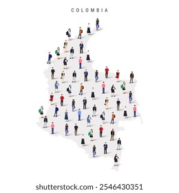 Mapa da população da Colômbia. Grande grupo de pessoas realistas e diversificadas figura em uma forma de mapa colombiano. Ilustração de vetor plano isolada em branco.