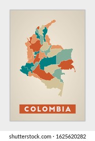 Colombia poster. Map of the country with colorful regions. Shape of Colombia with country name. Superb vector illustration.