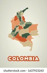 Colombia poster in retro style. Map of the country with regions in autumn color palette. Shape of Colombia with country name. Superb vector illustration.