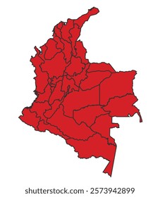 Colombia red map with border of regions outline vector