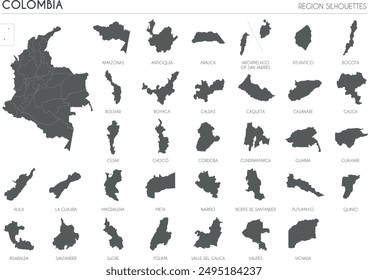 Colombia region silhouettes set and blank map of the country isolated on white background. Vector illustration design