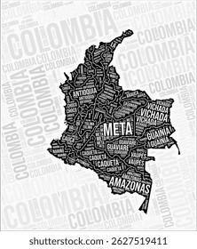 Colômbia: mapa da nuvem de palavras. Nomes das regiões da Colômbia. Design de mapa em preto e branco. Ilustração de vetor artístico.