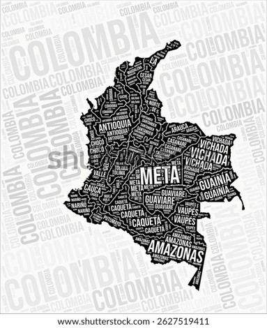 Colombia regions map word cloud. Colombia region names. Black and white map design. Artistic vector illustration.
