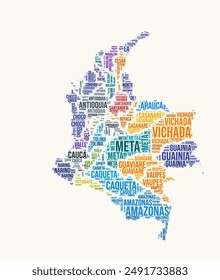 Colombia regions word cloud. Country logo design. Regions typography style vector image. Colombia colored text cloud. Beautiful vector illustration.