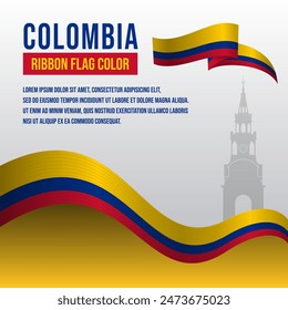 Colombia ribbon flag color with The Puerta del Reloj silhouette and decoration