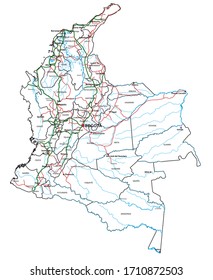 Carretera y mapa de carreteras de Colombia. Ilustración vectorial.