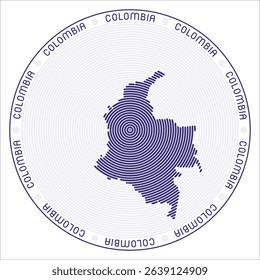 Colombia round logo design. Country shape build of rings. Colombia text around the country. Vector Illustration.