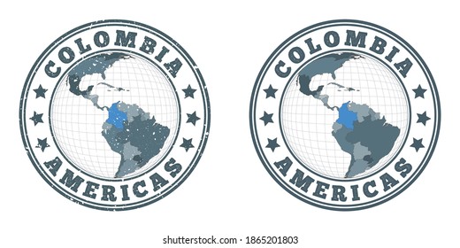 Kolumbien um Logos herum. Rundschreiben des Landes mit Karte von Kolumbien im Weltkontext. Kleine und strukturierte Länderstempel. Vektorgrafik.