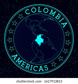 Colombia round sign. Futuristic satelite view of the world centered to Colombia. Country badge with map, round text and binary background. Elegant vector illustration.