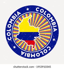 Colombia round stamp. Logo of country with flag. Vintage badge with circular text and stars, vector illustration.