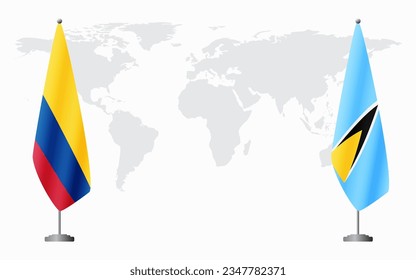 Colombia and Saint Lucia flags for official meeting against background of world map.