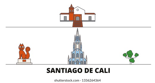 Colombia, Santiago De Cali flat landmarks vector illustration. Colombia, Santiago De Cali line city with famous travel sights, skyline, design. 