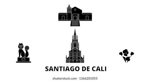 Colombia, Santiago De Cali flat travel skyline set. Colombia, Santiago De Cali black city vector illustration, symbol, travel sights, landmarks.