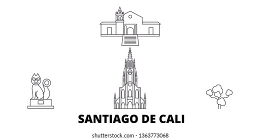 Colombia, Santiago De Cali line travel skyline set. Colombia, Santiago De Cali outline city vector illustration, symbol, travel sights, landmarks.