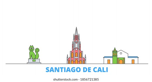 Kolumbien, Santiago De Cali Linie Stadtlandschaft, flacher Vektor. Sehenswürdigkeiten der Stadt, Kulturerbe, Linienweltsymbole