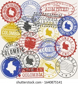 Colombia Set of Stamps. Travel Passport Stamps. Made In Product. Design Seals in Old Style Insignia. Icon Clip Art Vector Collection.