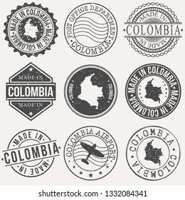 Colombia Set of Stamps. Travel Stamp. Made In Product. Design Seals Old Style Insignia.