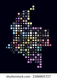 Colombia, shape of the country built of colored cells. Digital style map of Colombia on dark background. Large size rounded square blocks. Classy vector illustration.