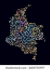 Colombia, shape of the country built of colored cells. Digital style map of Colombia on dark background. Small size rounded square blocks. Trending vector illustration.