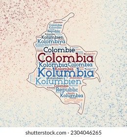 Colombia shape whith country names word cloud in multiple languages. Colombia border map on charming triangles scattered around. Powerful vector illustration.