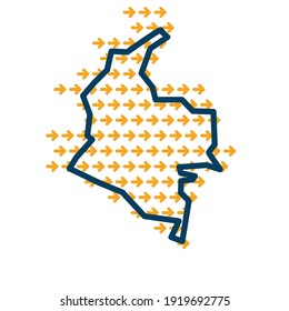 Mapa de esquema simple de Colombia con flechas guía de dirección amarilla.