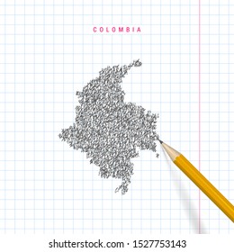 Colombia sketch scribble map drawn on checkered school notebook paper background. Hand drawn vector map of Colombia. Realistic 3D pencil.