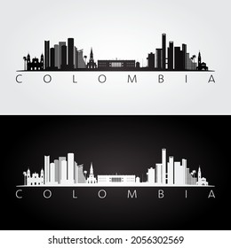 Colombia skyline and landmarks silhouette, black and white design, vector illustration.