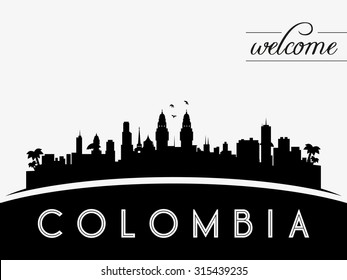 Colombia skyline silhouette, black and white design, vector illustration
