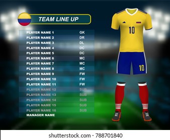 Juego de camisetas de fútbol de Colombia con selección de equipo alineado en el estadio de fútbol y hincha de la multitud con fondo de luces en la noche. Concepto de los resultados del fútbol sudamericano ilustrado vectorial