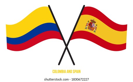 Colombia and Spain Flags Crossed And Waving Flat Style. Official Proportion. Correct Colors.