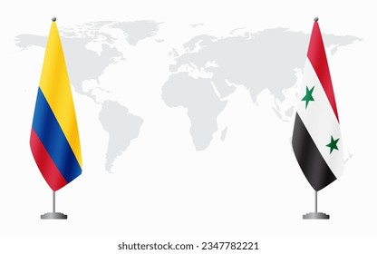 Colombia and Syria flags for official meeting against background of world map.