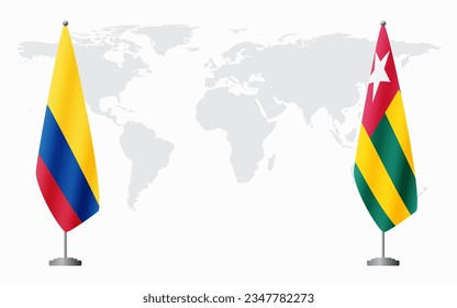Colombia and Togo flags for official meeting against background of world map.