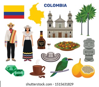 Colombia tourism icons set with tours and travel symbols flat isolated vector illustration