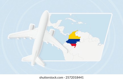 Colombia Travel Illustration with Plane and National Flag. Ideal for travel agencies, promotional materials, or geographic content related to Colombia.