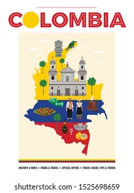 Colombia travel poster with special offers map symbols flat vector illustration