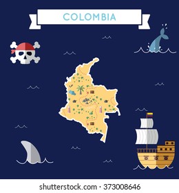 Colombia treasure map in flat design. Colorful cartoon treasure map of Colombia with flat design icons of pirate ship and jolly roger. Colombia flat design vector illustration.