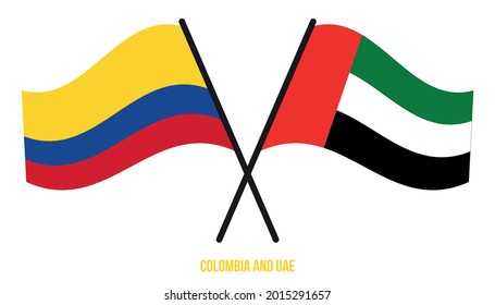 Banderas de Colombia y Emiratos Árabes Unidos cruzan y ondean estilo plano. Proporción oficial. Colores correctos.