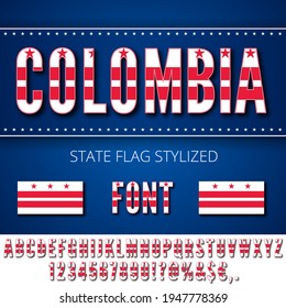 Colombia USA departament of state flag font. Alphabet, numbers and symbols stylized by state flag. Vector typeset