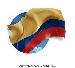 Colômbia, vetor 3d bandeira contra um céu azul, através de um buraco redondo em um fundo branco
