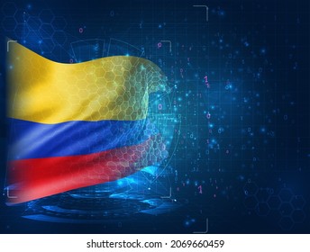 Colombia, vector 3d flag on blue background with hud interfaces